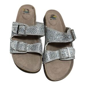Maui Island Silver Rhinestone Bling Double Buckle Cork Slide Sandals Size 11